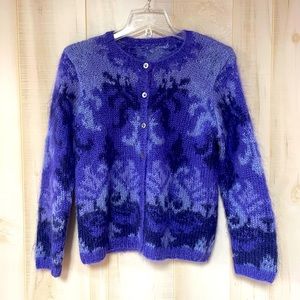 Handmade Classic Knit Blue Purple Mohair Blend  Button Cardigan Sz S